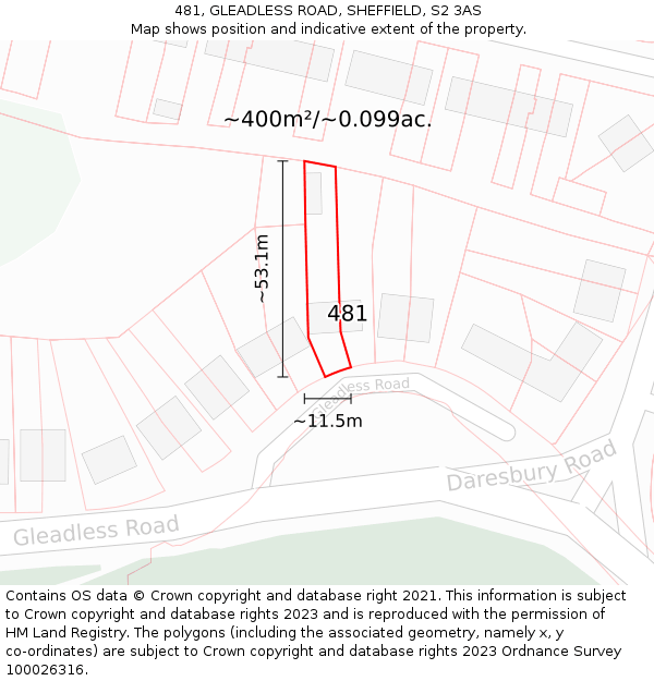 481, GLEADLESS ROAD, SHEFFIELD, S2 3AS: Plot and title map