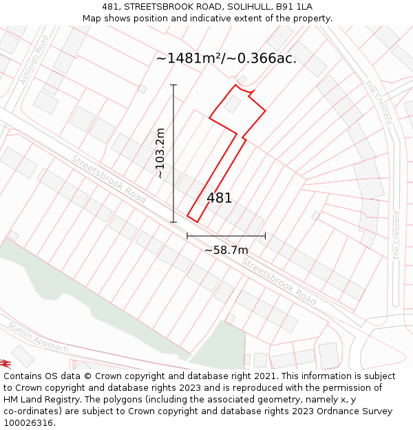 481, STREETSBROOK ROAD, SOLIHULL, B91 1LA: Plot and title map