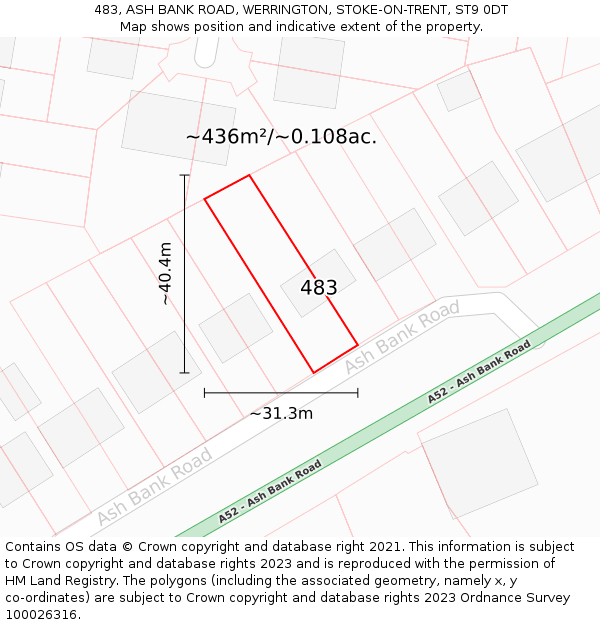 483, ASH BANK ROAD, WERRINGTON, STOKE-ON-TRENT, ST9 0DT: Plot and title map