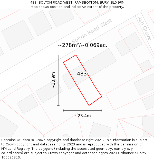 483, BOLTON ROAD WEST, RAMSBOTTOM, BURY, BL0 9RN: Plot and title map