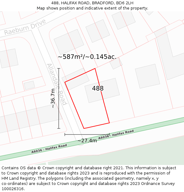 488, HALIFAX ROAD, BRADFORD, BD6 2LH: Plot and title map