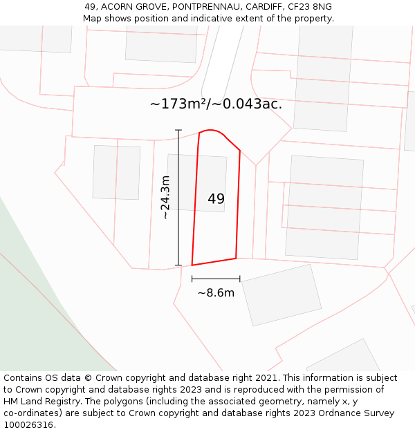 49, ACORN GROVE, PONTPRENNAU, CARDIFF, CF23 8NG: Plot and title map