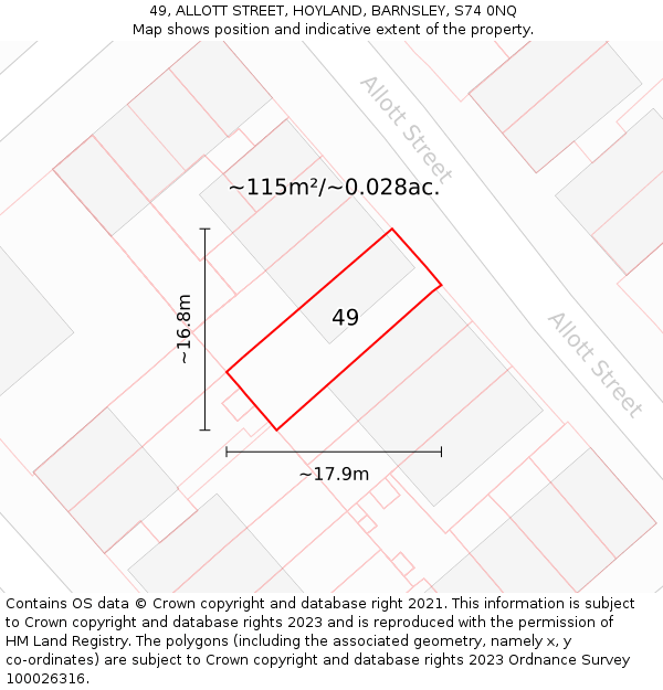 49, ALLOTT STREET, HOYLAND, BARNSLEY, S74 0NQ: Plot and title map