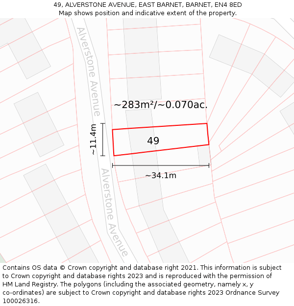 49, ALVERSTONE AVENUE, EAST BARNET, BARNET, EN4 8ED: Plot and title map