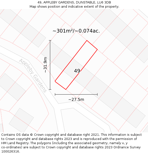 49, APPLEBY GARDENS, DUNSTABLE, LU6 3DB: Plot and title map