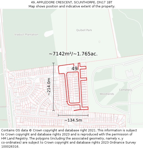 49, APPLEDORE CRESCENT, SCUNTHORPE, DN17 1BT: Plot and title map