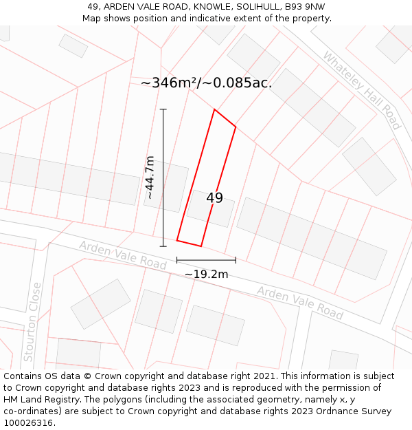 49, ARDEN VALE ROAD, KNOWLE, SOLIHULL, B93 9NW: Plot and title map