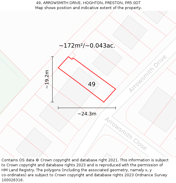 49, ARROWSMITH DRIVE, HOGHTON, PRESTON, PR5 0DT: Plot and title map