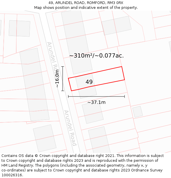 49, ARUNDEL ROAD, ROMFORD, RM3 0RX: Plot and title map
