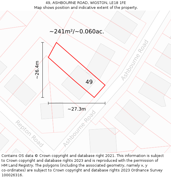 49, ASHBOURNE ROAD, WIGSTON, LE18 1FE: Plot and title map