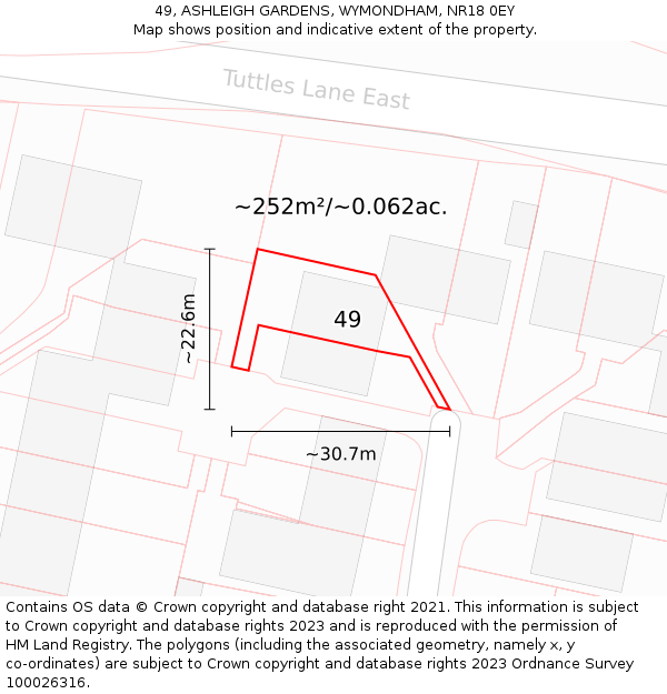 49, ASHLEIGH GARDENS, WYMONDHAM, NR18 0EY: Plot and title map