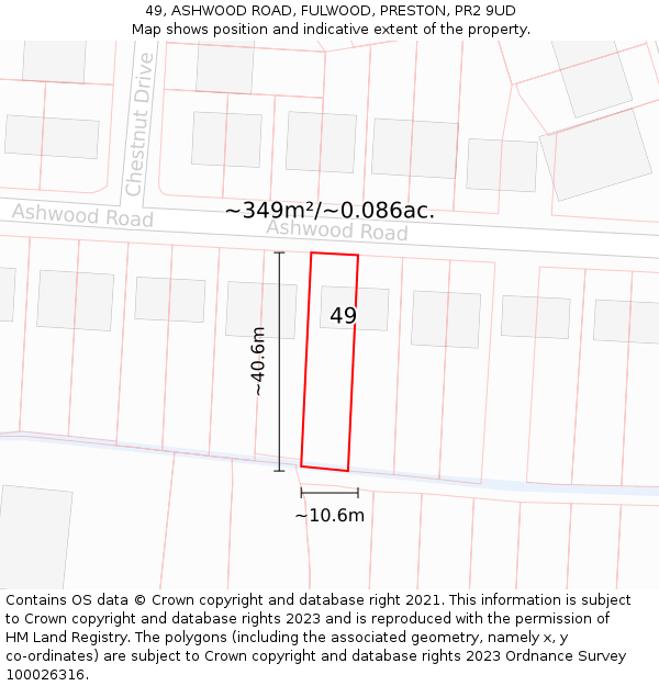 49, ASHWOOD ROAD, FULWOOD, PRESTON, PR2 9UD: Plot and title map