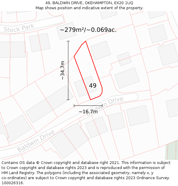 49, BALDWIN DRIVE, OKEHAMPTON, EX20 1UQ: Plot and title map
