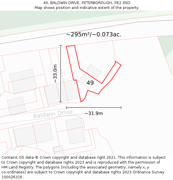 49, BALDWIN DRIVE, PETERBOROUGH, PE2 9SD: Plot and title map
