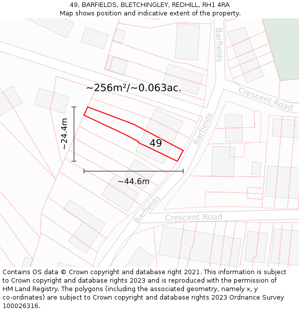 49, BARFIELDS, BLETCHINGLEY, REDHILL, RH1 4RA: Plot and title map