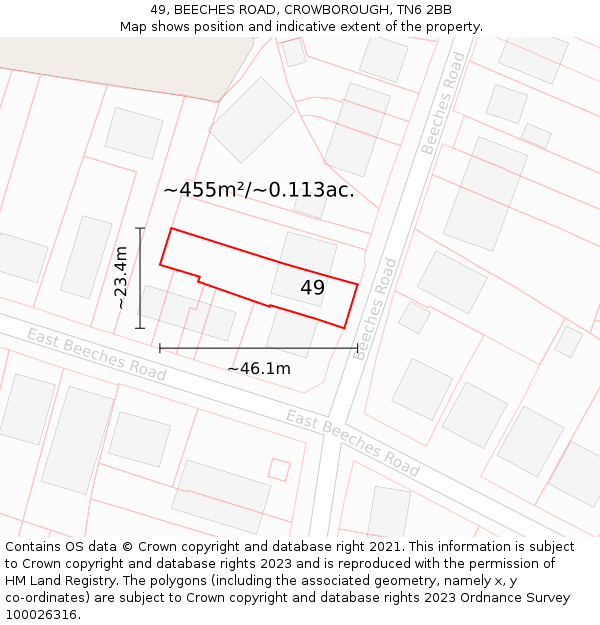 49, BEECHES ROAD, CROWBOROUGH, TN6 2BB: Plot and title map