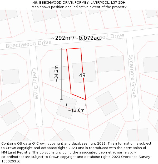 49, BEECHWOOD DRIVE, FORMBY, LIVERPOOL, L37 2DH: Plot and title map