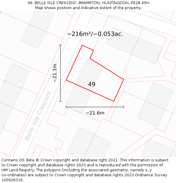 49, BELLE ISLE CRESCENT, BRAMPTON, HUNTINGDON, PE28 4SH: Plot and title map