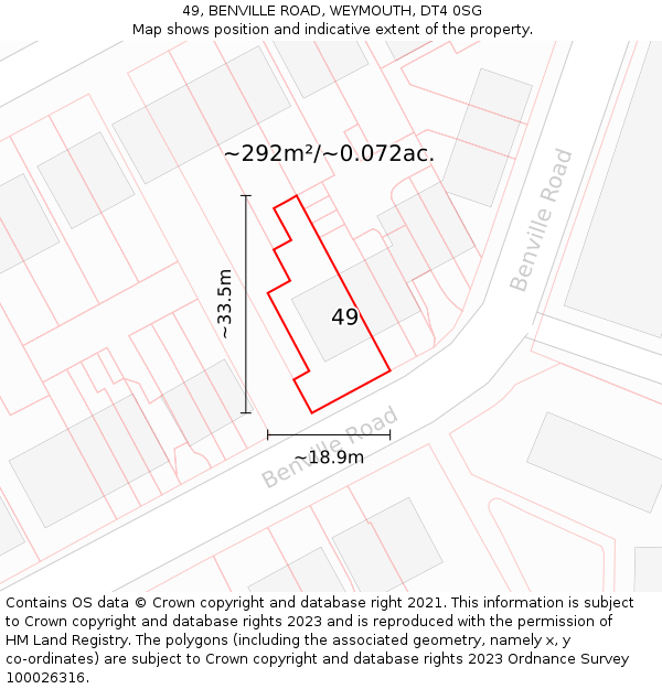 49, BENVILLE ROAD, WEYMOUTH, DT4 0SG: Plot and title map