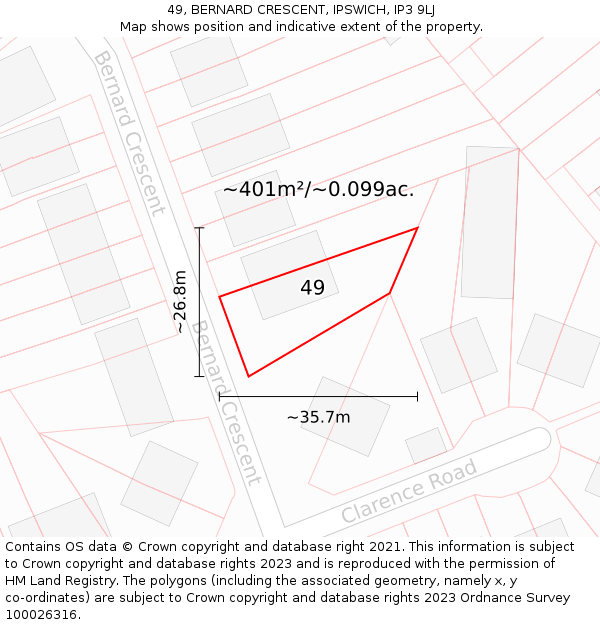 49, BERNARD CRESCENT, IPSWICH, IP3 9LJ: Plot and title map