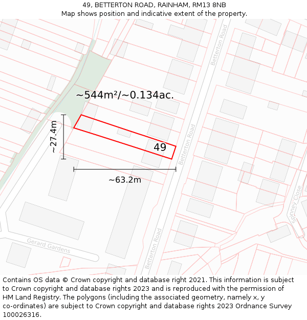 49, BETTERTON ROAD, RAINHAM, RM13 8NB: Plot and title map