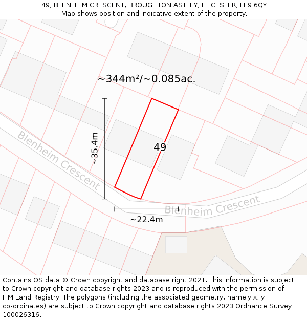 49, BLENHEIM CRESCENT, BROUGHTON ASTLEY, LEICESTER, LE9 6QY: Plot and title map