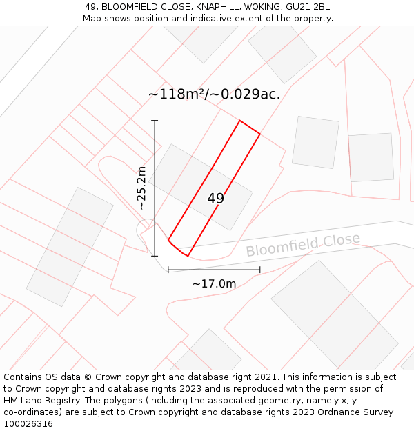 49, BLOOMFIELD CLOSE, KNAPHILL, WOKING, GU21 2BL: Plot and title map