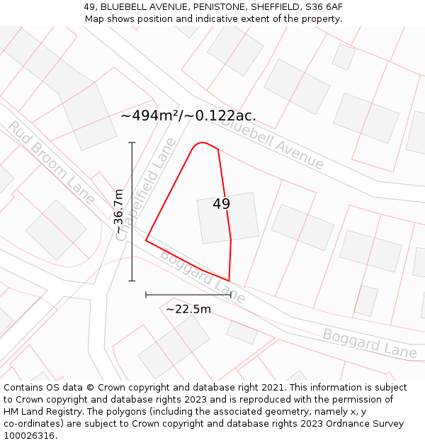 49, BLUEBELL AVENUE, PENISTONE, SHEFFIELD, S36 6AF: Plot and title map