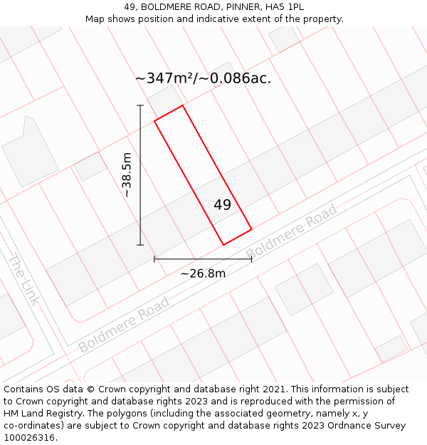 49, BOLDMERE ROAD, PINNER, HA5 1PL: Plot and title map
