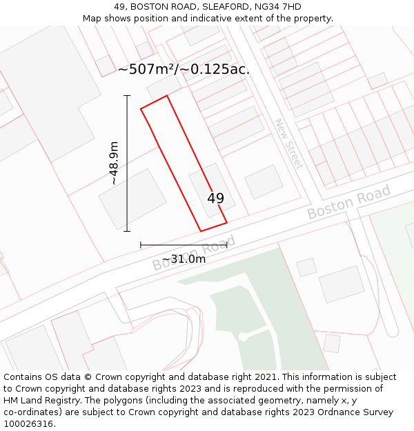 49, BOSTON ROAD, SLEAFORD, NG34 7HD: Plot and title map