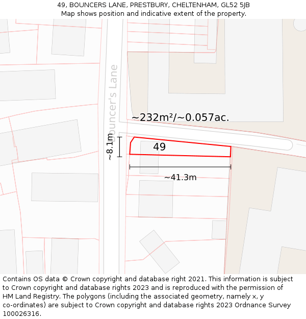 49, BOUNCERS LANE, PRESTBURY, CHELTENHAM, GL52 5JB: Plot and title map