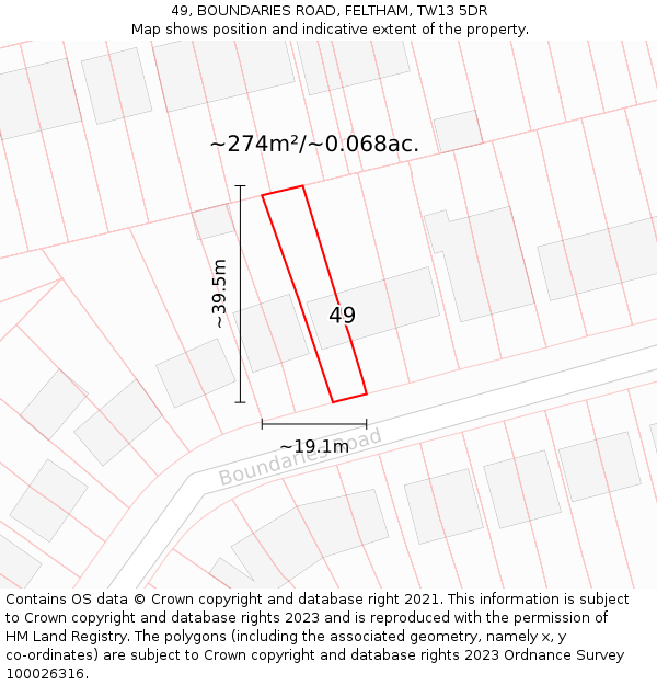49, BOUNDARIES ROAD, FELTHAM, TW13 5DR: Plot and title map