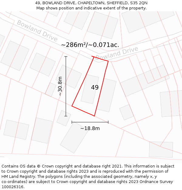 49, BOWLAND DRIVE, CHAPELTOWN, SHEFFIELD, S35 2QN: Plot and title map