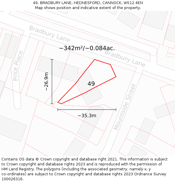 49, BRADBURY LANE, HEDNESFORD, CANNOCK, WS12 4EN: Plot and title map