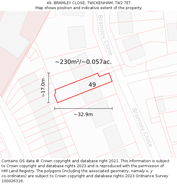 49, BRAMLEY CLOSE, TWICKENHAM, TW2 7ET: Plot and title map