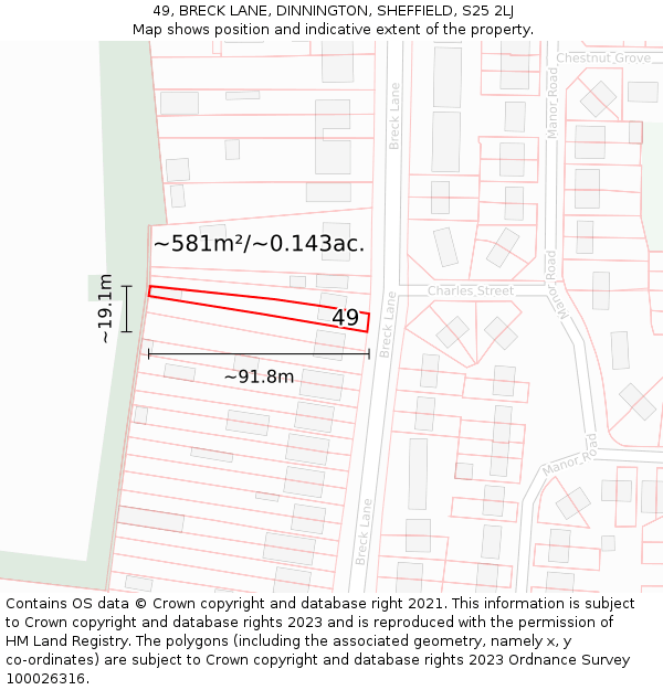 49, BRECK LANE, DINNINGTON, SHEFFIELD, S25 2LJ: Plot and title map