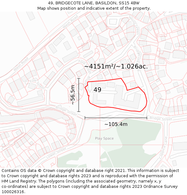 49, BRIDGECOTE LANE, BASILDON, SS15 4BW: Plot and title map