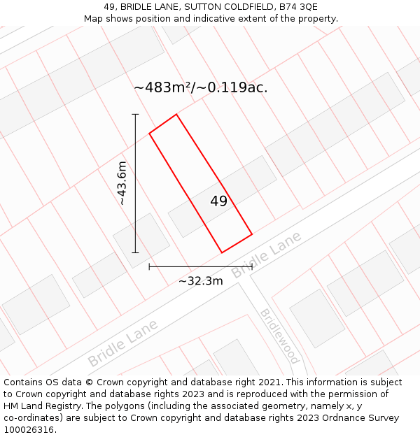 49, BRIDLE LANE, SUTTON COLDFIELD, B74 3QE: Plot and title map