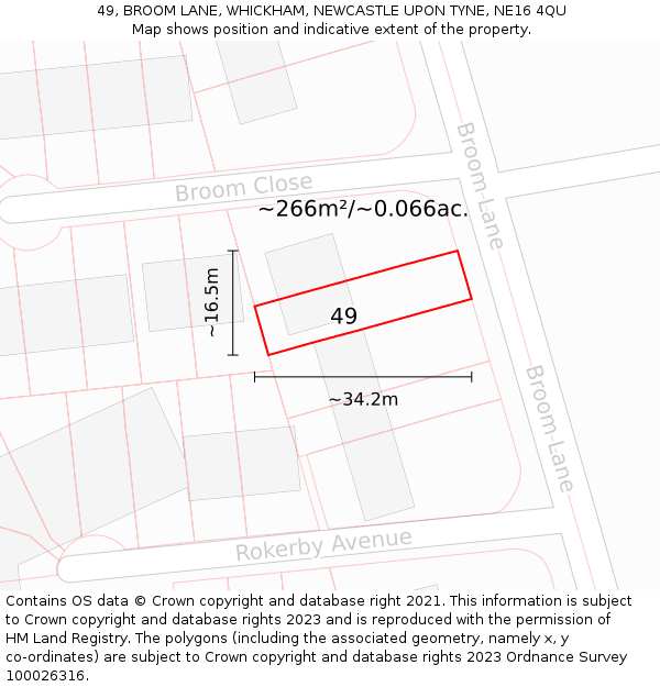 49, BROOM LANE, WHICKHAM, NEWCASTLE UPON TYNE, NE16 4QU: Plot and title map