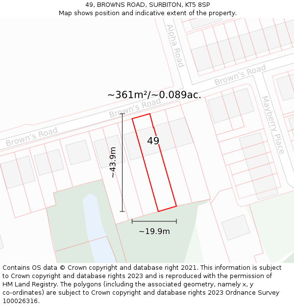 49, BROWNS ROAD, SURBITON, KT5 8SP: Plot and title map