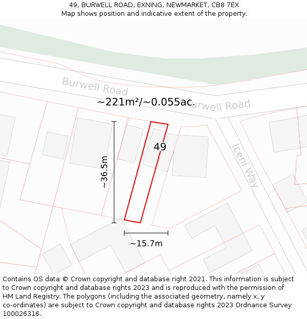 49, BURWELL ROAD, EXNING, NEWMARKET, CB8 7EX: Plot and title map