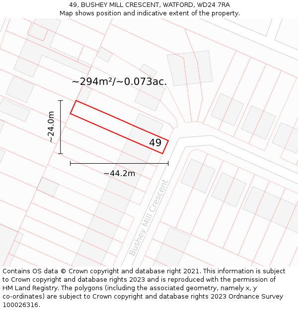 49, BUSHEY MILL CRESCENT, WATFORD, WD24 7RA: Plot and title map