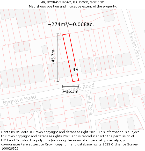 49, BYGRAVE ROAD, BALDOCK, SG7 5DD: Plot and title map