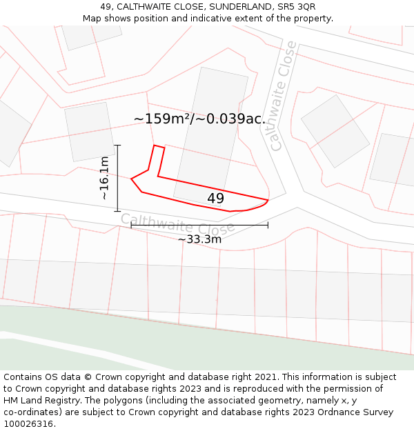 49, CALTHWAITE CLOSE, SUNDERLAND, SR5 3QR: Plot and title map
