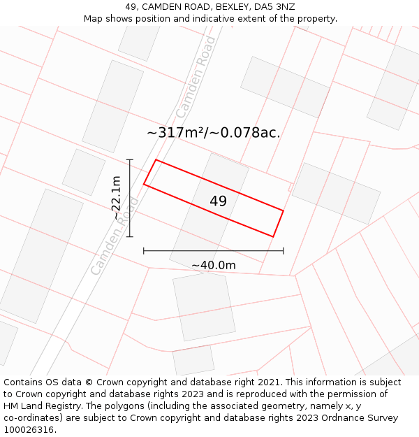 49, CAMDEN ROAD, BEXLEY, DA5 3NZ: Plot and title map