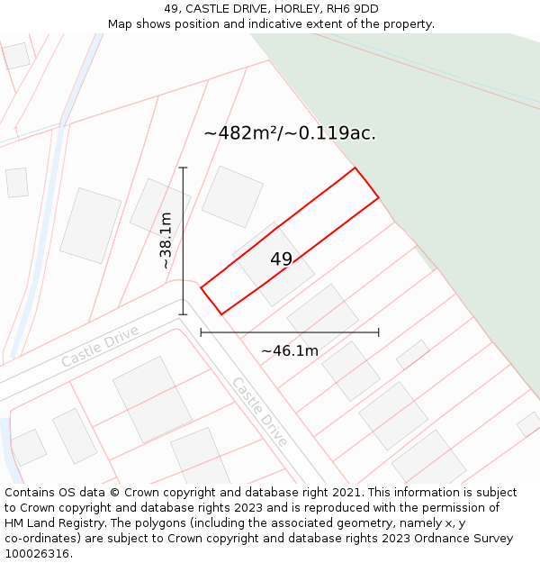 49, CASTLE DRIVE, HORLEY, RH6 9DD: Plot and title map