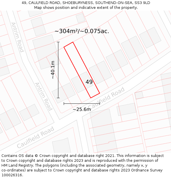 49, CAULFIELD ROAD, SHOEBURYNESS, SOUTHEND-ON-SEA, SS3 9LD: Plot and title map