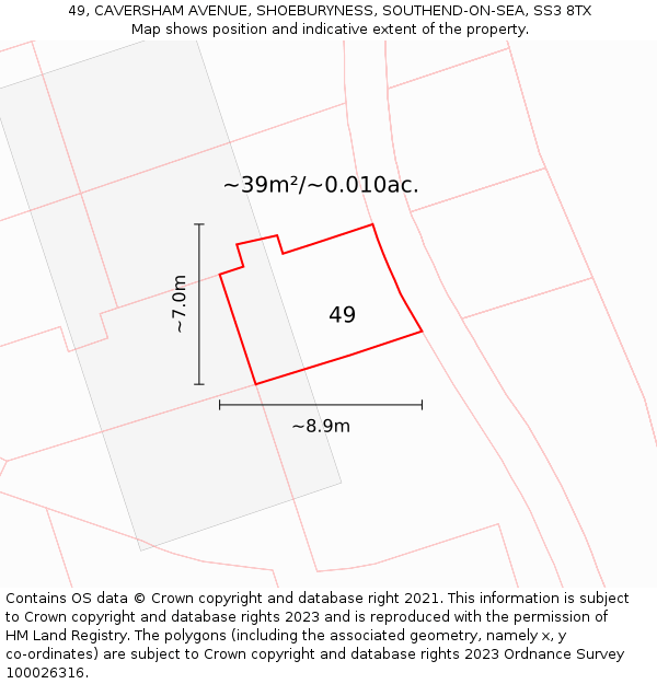 49, CAVERSHAM AVENUE, SHOEBURYNESS, SOUTHEND-ON-SEA, SS3 8TX: Plot and title map