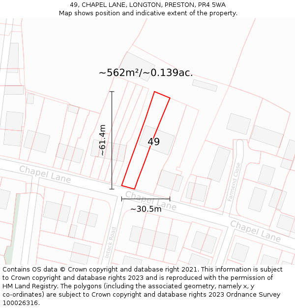 49, CHAPEL LANE, LONGTON, PRESTON, PR4 5WA: Plot and title map