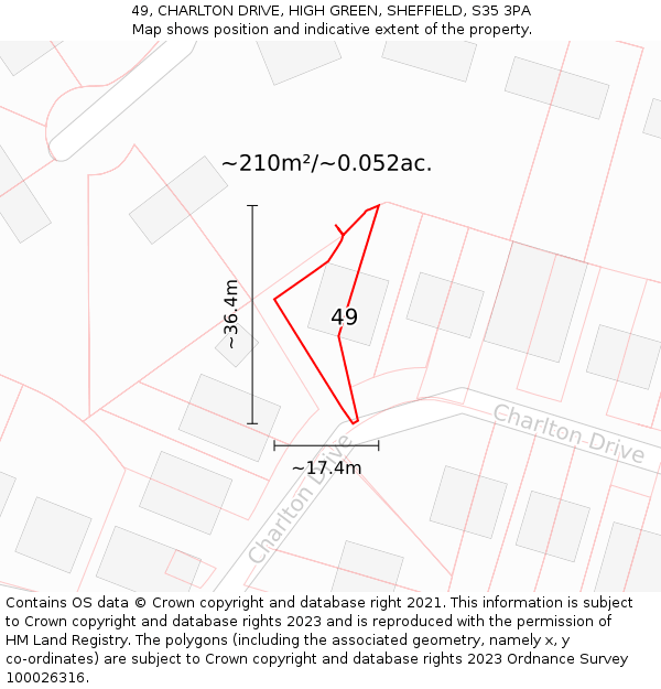 49, CHARLTON DRIVE, HIGH GREEN, SHEFFIELD, S35 3PA: Plot and title map